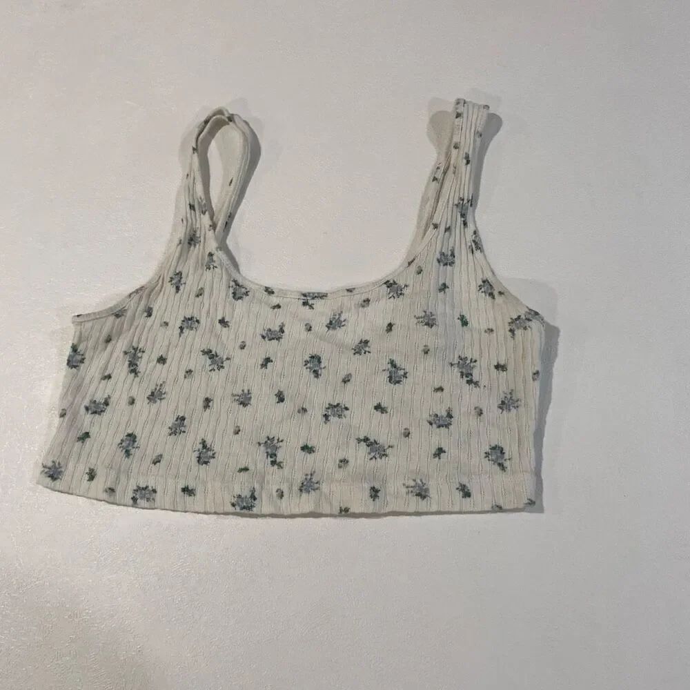American Eagle Floral Ribbed Crop Tank Top Women’s Medium – White Blue Ditsy Pri